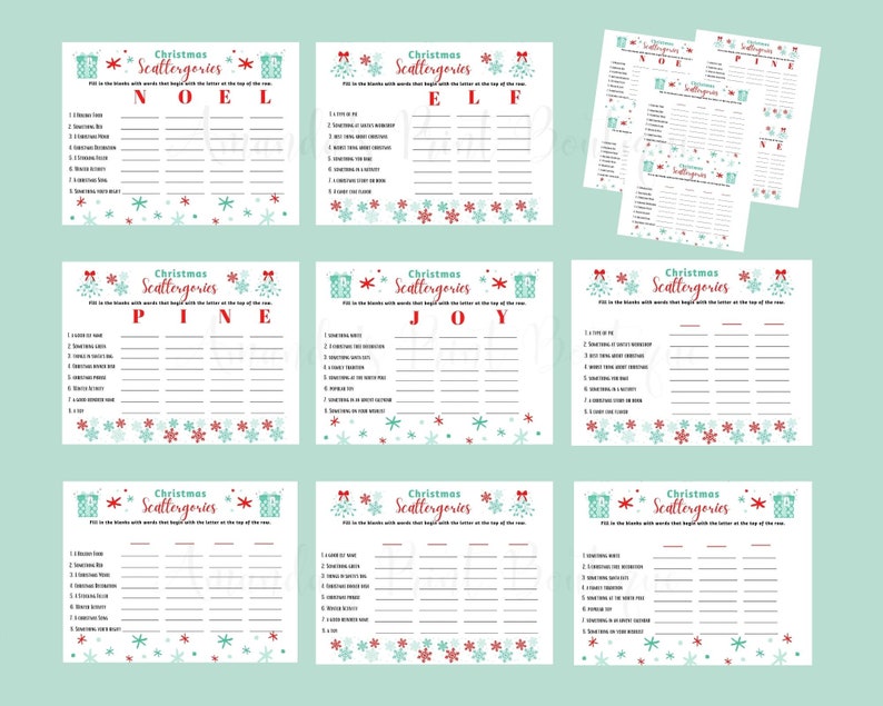 May include: A printable Christmas Scattergories game with six different cards. Each card has a different letter at the top and a list of 10 categories to fill in with words that start with that letter. The cards are decorated with snowflakes and red and green gift boxes.