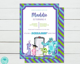 May include: A purple, green, and blue birthday invitation with a Monsters Inc. theme. The invitation says "Come celebrate with us! Maddie is turning 4. Saturday, September 16, 2-4 PM. Boo's House, 123 Monster Dr, Your Town. Please RSVP to Amanda at 123-456-7890. It'll be a scream'n good time!" The invitation features illustrations of Sully, Mike, Boo, and Randall.