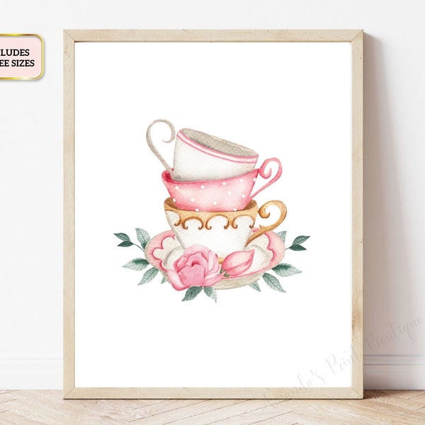 Teacups Print, Stacked Teacups with Pink Flowers, Watercolor Tea Room Wall Art, Floral Teacups Decor, Kitchen Print, Instant Download