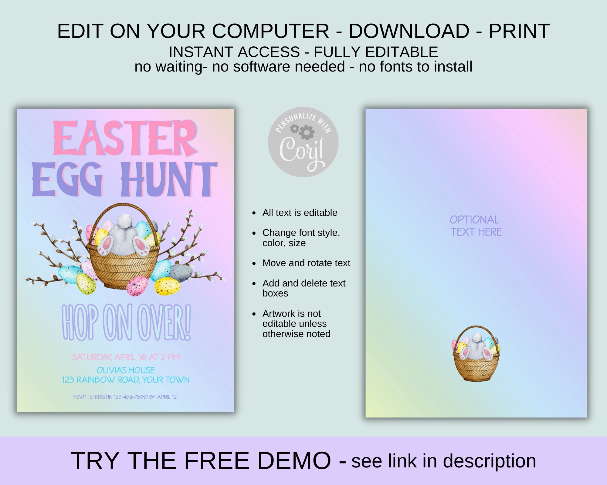 Editable Easter Egg Hunt Invitation Template, Hop on Over Easter Egg ...
