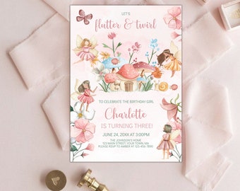 May include: A pink and green fairy-themed birthday invitation with the text "Let's flutter & twirl" and "Charlotte is turning three!" The invitation includes a date and time, location, and RSVP information.