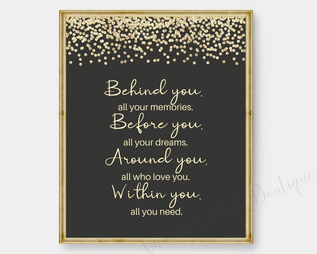 Behind You, All Your Memories- Inspirational Quote- Graduation Gift - Graduation Quote - Promotion - Black With Gold Confetti - PRINTABLE - Etsy behind-you-all-your-memories-inspirational-quote-graduation-gift-graduation-quote-promotion-black-with-gold-confetti-printable-etsy