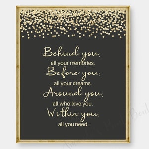 Behind you, all your memories- inspirational quote- graduation gift - graduation quote - promotion - black with gold confetti - PRINTABLE