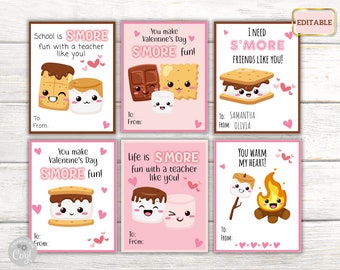 Editable S'mores Valentines Day for School Valentines, Valentine's Day Cards, Smores Valentine Cards for Kids & Teachers, Valentine Tags