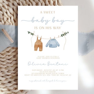 Boy Baby Shower Invitation, Boho Baby Clothes Invite , Blue Shower Invite Printable, Shower Invitation Template, BBS-clothes