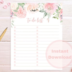 Lista de tareas imprimible, Inserto de planificador floral de acuarela, Lista maestra de flores rosas, Negocios, Hogar, PDF tamaño carta, Descarga digital instantánea