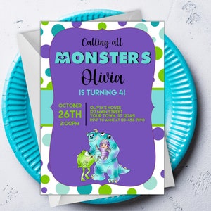 Calling All Monsters Birthday Party Invitation, Editable Little Monster Birthday Party Invite Template,  Sully & Mike Invite, Boo Invitation