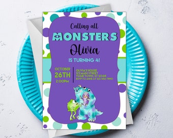 May include: Purple invitation with white polka dots and green dots. The invitation says "Calling all Monsters Olivia is turning 4!" with a date and time. The invitation features a cartoon image of Sully and Mike from Monsters Inc.