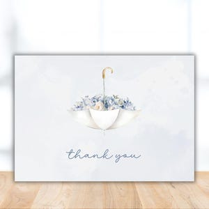 Tarjeta de agradecimiento con diseño floral de paraguas para baby shower, tarjeta con diseño floral azul para niño, baby shower con diseño de paraguas, tarjeta para fiesta de primavera, tarjeta con diseño de baby shower para niño, April Showers