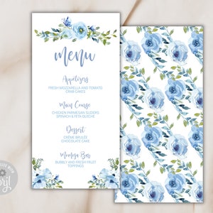 Plantilla de tarjeta de menú floral azul EDITABLE Menú de almuerzo/cena/brunch imprimible, plantilla de menú personalizable para baby shower o despedida de soltera
