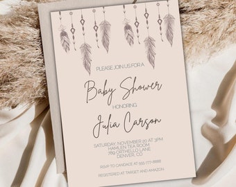 EDITIERBARE Boho Neutral Baby Shower Einladung, Feder Dreamcatcher einladen, Einladung druckbare DOWNLOAD- Anpassbare Einladungsvorlage