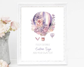 Purple Pink Floral Hot Air Balloon Baby Shower Sign, Party Table Sign, Editable Gift Sign, Customizable Party Sign, Birthday Party Sign