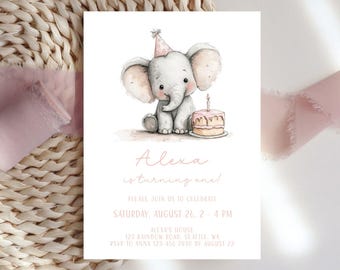 Elephant First Birthday Party Invitation, Editable Girls Birthday Party Invitation Template Printable Birthday, Pink Elephant 1st Birthday