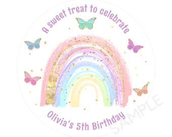 Rainbow & Butterfly Birthday Party Label Template, Editable Birthday 2 inch Round Label Printable, Party Favor Stickers Tag Instant Download