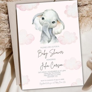 Modelo EDITÁVEL de convite para chá de bebê de elefante, convite para chá de bebê de menina, elefante bebê, download instantâneo - convite personalizável