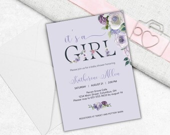May include: Purple and white floral baby shower invitation with the text "it's a GIRL" and the name "Katherine Allen". The invitation includes the date, time, location, and RSVP information.