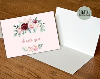 Carte de remerciement florale rose - téléchargement immédiat - carte de remerciement imprimable 7 x 5 pouces