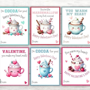 Saint-Valentin cacao chaud pour la Saint-Valentin à l'école, cartes de Saint-Valentin au chocolat chaud, cartes de la Saint-Valentin pour enfants, étiquettes imprimables de la Saint-Valentin