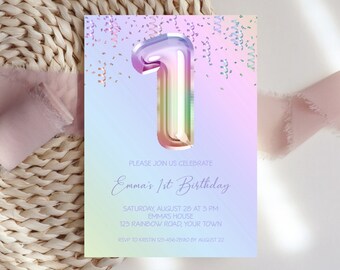 May include: A pastel rainbow gradient background with a large iridescent number one balloon and confetti. The text "Please join us celebrate Emma's 1st Birthday" is written in a purple script font. The text "Saturday, August 28 at 3 PM Emma's House 123 Rainbow Road, Your Town RSVP to Kristin 123-456-7890 by August 22" is written in a smaller purple font.