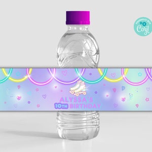 Editable Roller Skate Water Bottle Label Template, Roller Skating birthday party, Let's Roll Roller Skate label, Neon glow skates