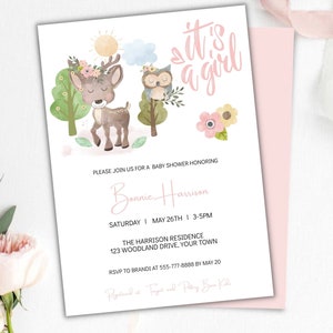Modèle d'Invitation de douche de bébé Woodland modifiable, invitation de douche de bébé Animal de forêt, hibou, cerf, téléchargement immédiat - Invitation personnalisable