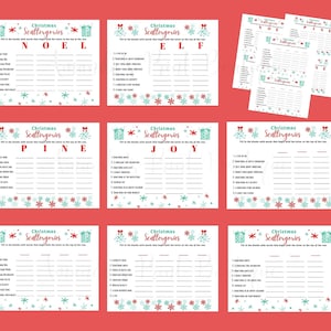 May include: A printable Christmas Scattergories game with a festive red and green color scheme. The game includes six different cards, each with a different letter at the top. Players must fill in the blanks with words that begin with that letter.