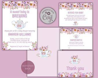 Tea Party Baby Shower Invitation Template Bundle,  A Baby Is Brewing, Pink & Purple Floral Baby Shower Printable Invitation, Editable Invite