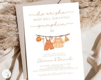 Invitación de revelación de género de calabaza pequeña, invitación con ropa de bebé bohemia, invitación imprimible para baby shower de otoño, plantilla de invitación para baby shower bohemia de otoño