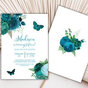 Editable Turquoise Floral Birthday Party Invitation, Girls Butterfly Birthday Party Invitation Template, Printable Birthday Invitation