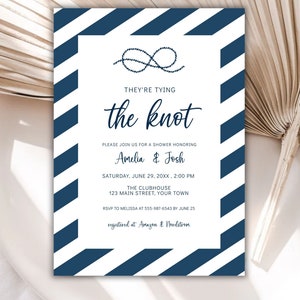 Nautical Bridal Shower Invitation, Tying the Knot, Navy Diagonal Stripe Invite, Couples Shower- Customizable Wedding Shower Invite Template