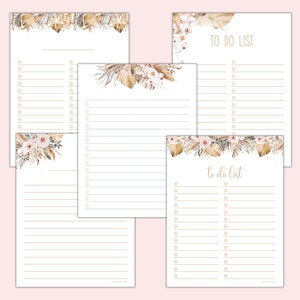 Lista de tarefas para impressão Boho, inserção de planejador floral em aquarela, lista de verificação floral rosa, negócios, casa, PDF tamanho carta, download instantâneo