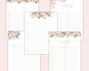 Puede incluir: Conjunto de cuatro plantillas de lista de tareas imprimibles con un diseño floral con flores y hojas secas beige y blancas. El texto "to do list" está escrito en cursiva en dos de las plantillas.