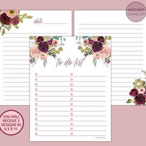 Elenco delle cose da fare stampabile, inserto planner floreale acquerello, elenco Master floreale Borgogna Blush Gold ampio foderato, formato lettera PDF DIGITAL DOWNLOAD