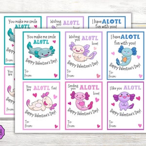 Axolotl Valentine Kids Valentine Cards, Axolotl Valentine&#39;s Day Cards for School, Axolotl Valentine Cards, Printable Valentine Tag, Download