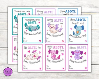 Axolotl Valentine Kids Valentine Cards, Axolotl Valentine's Day Cards para la escuela, Axolotl Valentine Cards, Etiqueta de San Valentín imprimible, Descargar
