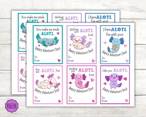Axolotl Valentine Kids Valentine Cards, Axolotl Valentine's Day Cards for School, Axolotl Valentine Cards, Printable Valentine Tag, Download