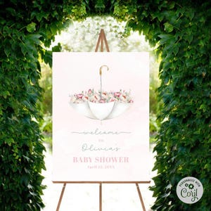 Regenschirm-Blumen-Babyparty-Willkommensschild, rosa Blumenschild, Regenschirm-Babyparty, Frühlingsfestschild, Mädchen-Baby-Sprinkler, April-Duschen
