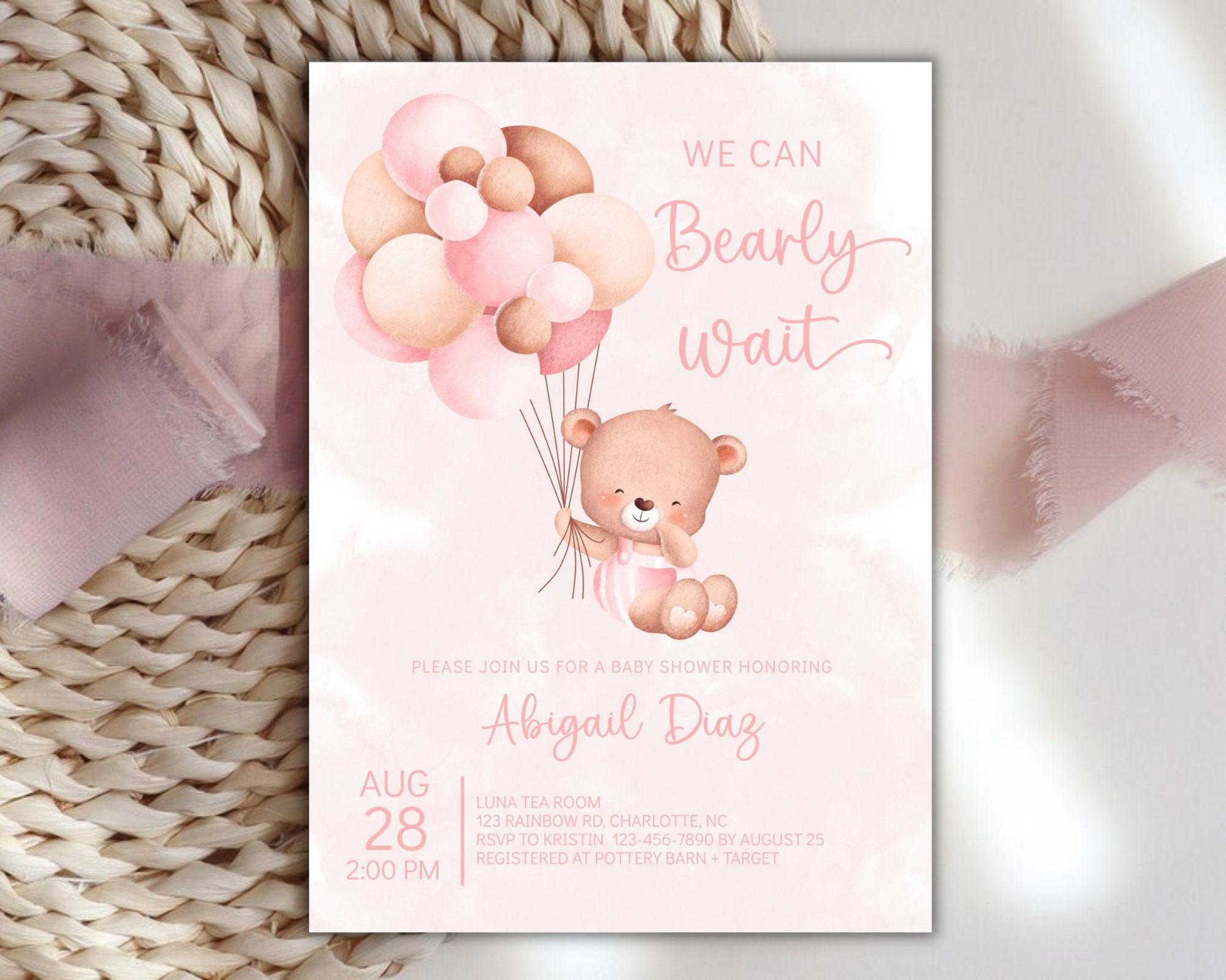 Editable Pink We Can Bearly Wait Baby Shower Invitation, Shower Invite