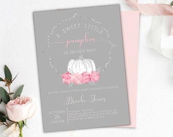 Little Pumpkin Baby Shower Invitation, Pink Floral (Customizable Template)