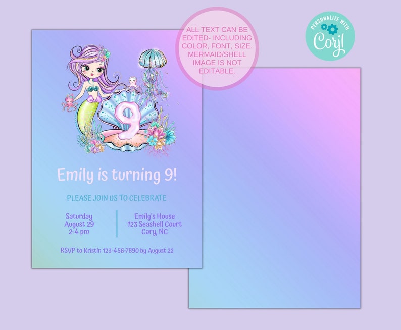 Editable Mermaid 9th Birthday Party Invitation Girls Mermaid Etsy