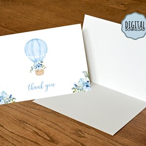 EDITABLE azul floral globo aerostático bebé ducha tarjeta de agradecimiento, gracias imprimible DESCARGA INSTANTÁNEA- Plantilla de agradecimiento personalizable