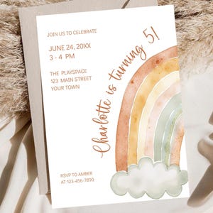 Boho Rainbow Birthday Party Invitation, Editable Girls Birthday Party Invitation Template, Printable Rainbow Birthday Instant Download