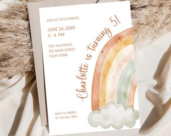 Boho Rainbow Birthday Party Invitation, Editable Girls Birthday Party Invitation Template, Printable Rainbow Birthday Instant Download