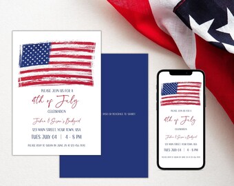 4. Juli Einladung, Evite Einladung, Unabhängigkeitstag Feier, US Flagge, Rot Weiß & Blaue Sterne, Nachbarschaftsparty, Gartengrill