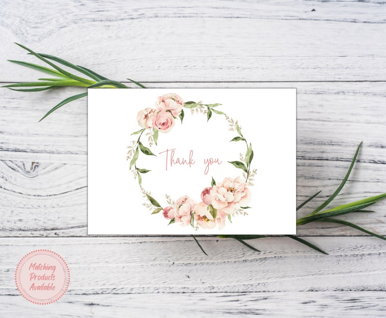 Blush Pink Floral Wreath Thank You Card, Baby Shower Thank You, Bridal ...