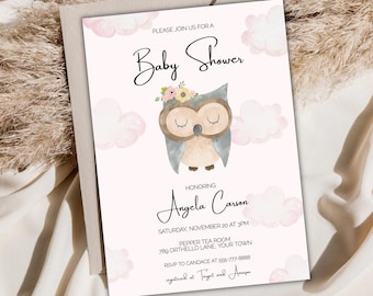 May include: A baby shower invitation with a watercolor illustration of an owl with pink clouds in the background. The text reads "Please join us for a Baby Shower honoring Angela Carson. Saturday, November 20 at 3PM. Pepper Tea Room, 789 Othello Lane, Your Town. RSVP to Candace at 555-777-8888. Registered at Target and Amazon."