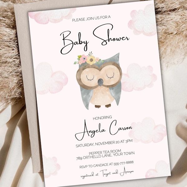EDITABLE Owl Baby Shower Invitation Template, Girl Baby Shower Invite, Baby Owl Invite, INSTANT DOWNLOAD-  Customizable Invitation