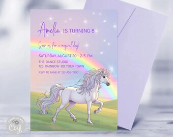 May include: A birthday invitation featuring a unicorn illustration and a rainbow. The invitation has the text "Amelia is turning 8" and event details. The design includes a light purple background with stars and a colorful rainbow.