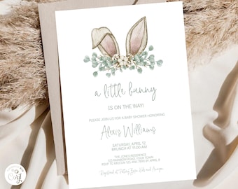 Invito modificabile per baby shower con orecchie da coniglio, invito stampabile per baby shower, un nuovo baby shower con coniglietto, modello di invito personalizzabile