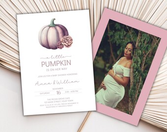 Pink Pumpkin Baby Shower Invitation, Fall Floral Template (Digital Download)